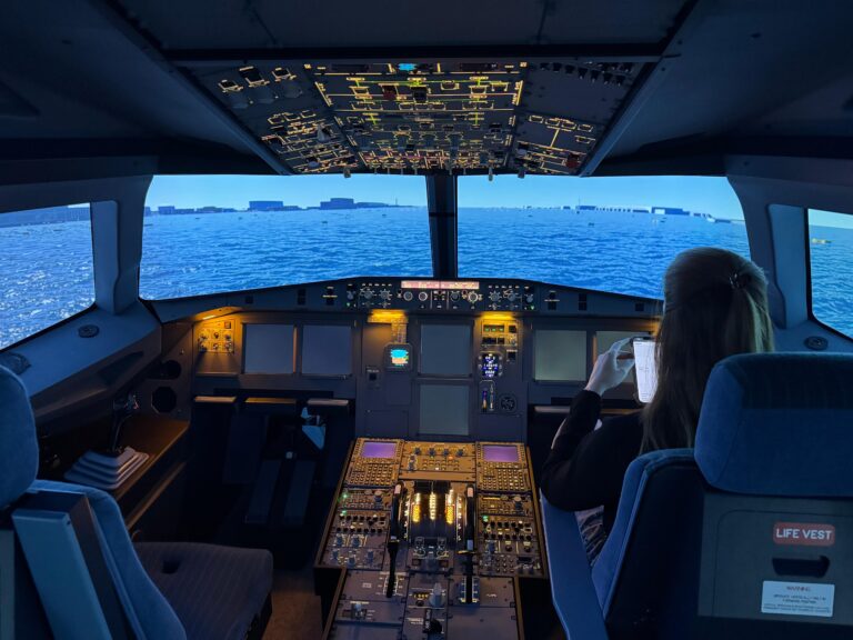Cabina del simulador en calma frente al mar en la pantalla