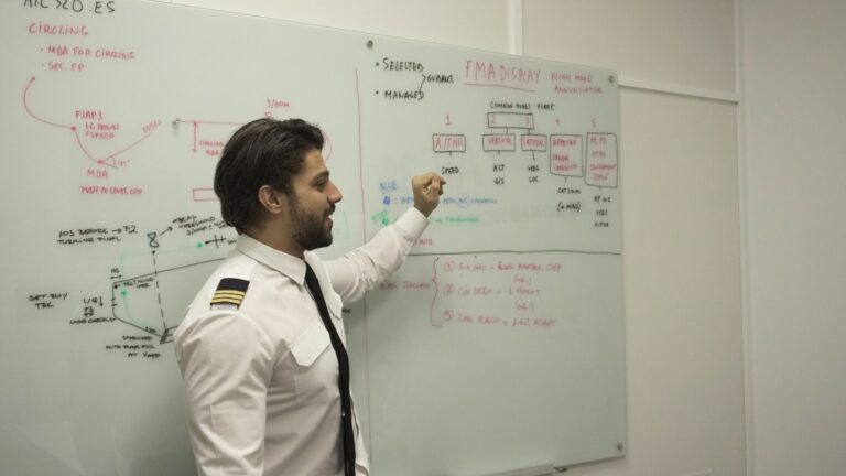 Instructor de ATC320 explicando el FMA del Airbus A320 en la pizarra
